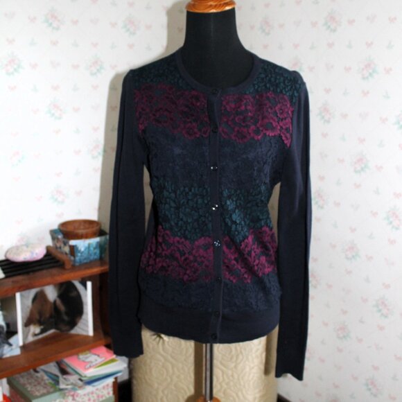 Ann Taylor Factory Navy Blue Lace Front Cardigan Sweater, Small - Picture 2 of 8